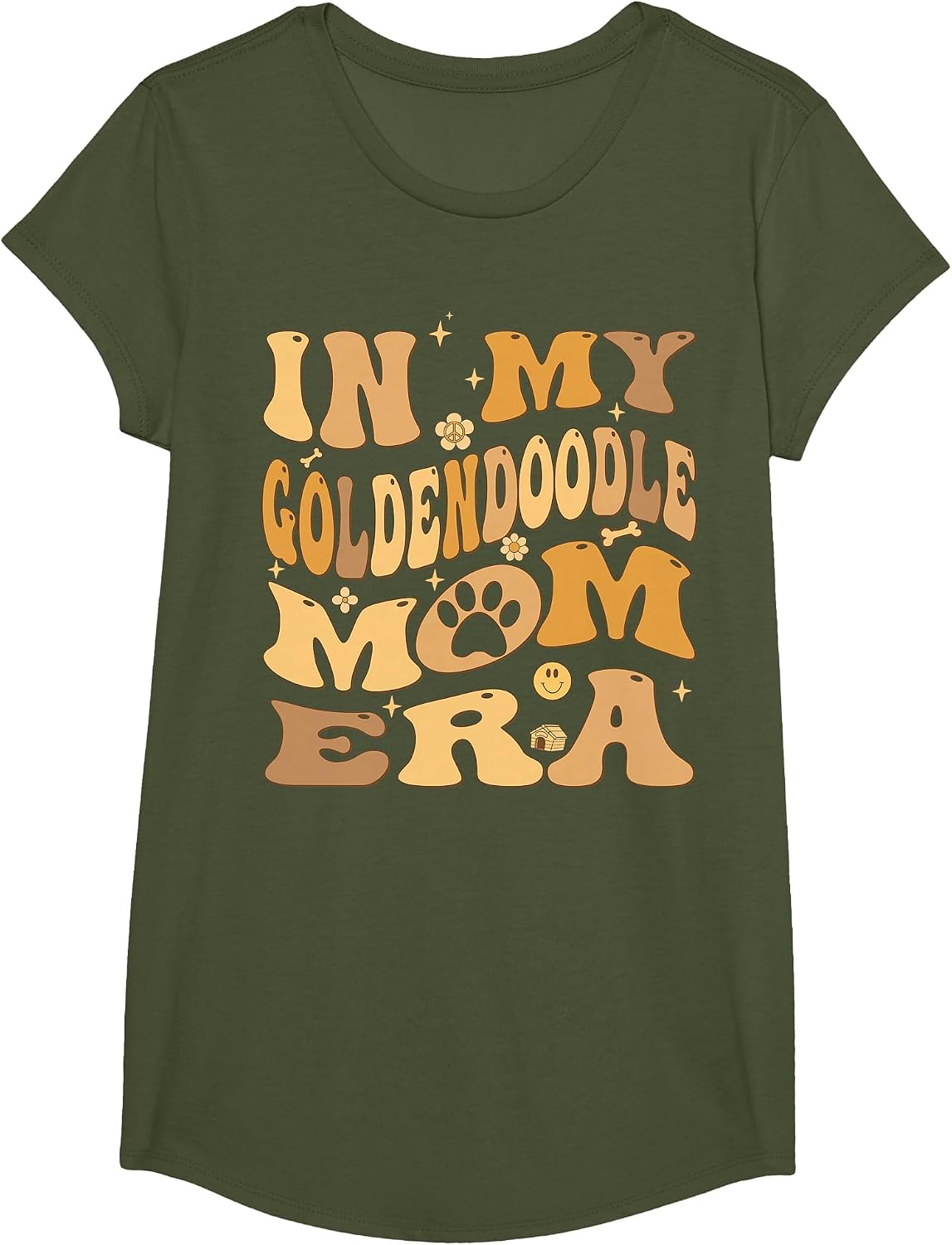in My Goldendoodle Mom Era Groovy Groodle Dog T-Shirt - Girls Olive Green