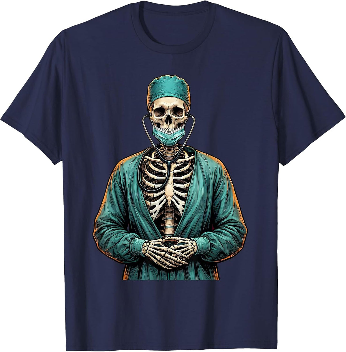 Healthcare Hero Skeleton Surgeon Graphic T-Shirt - Navy Blue