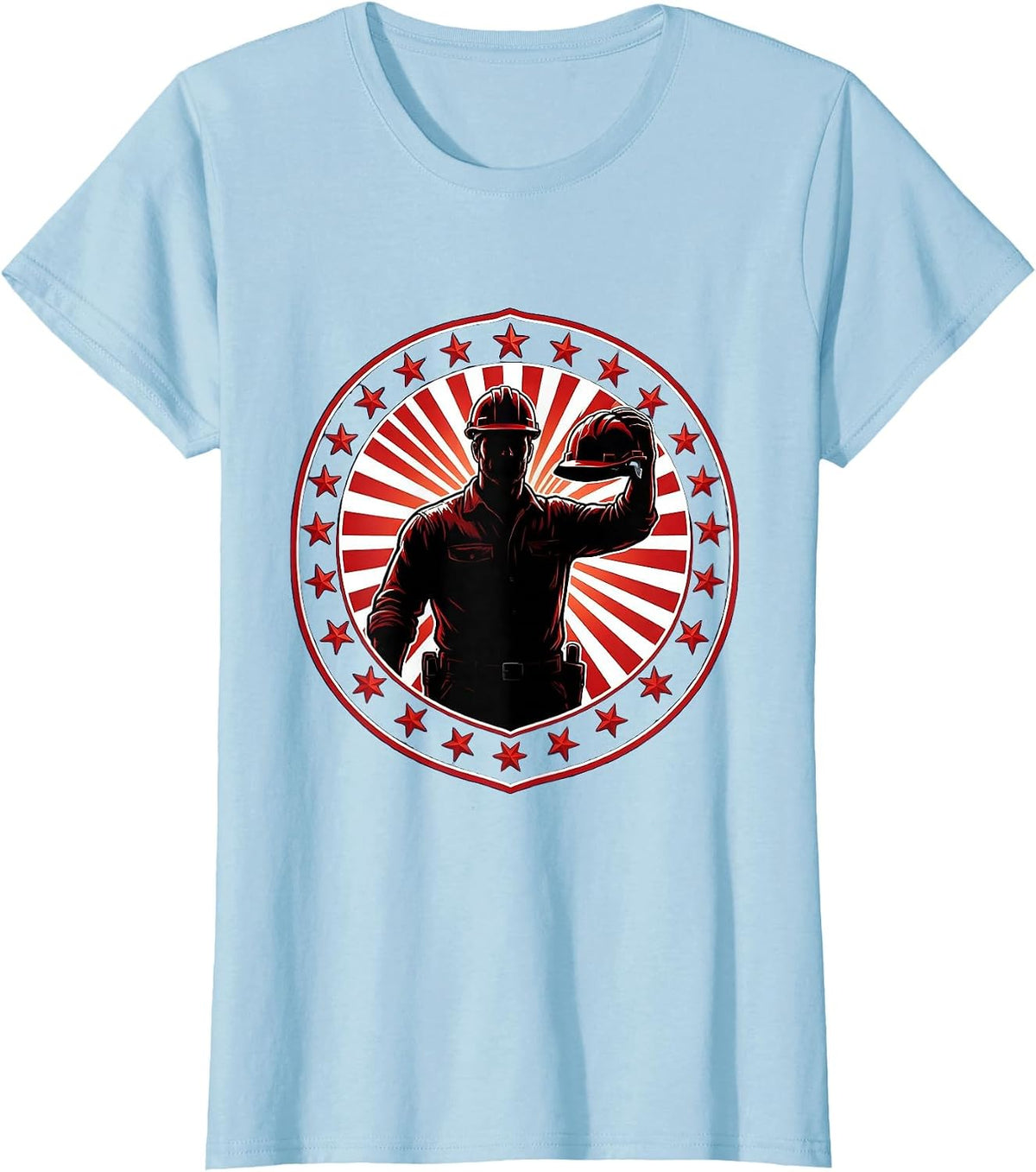 Construction Worker Sunset Hardhat Graphic T-Shirt - Baby Blue