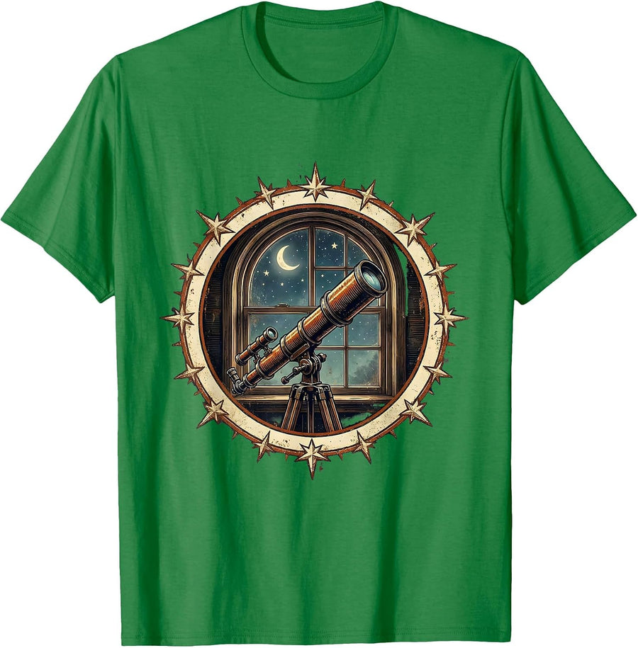 Men's College Dorm Room Telescope Stargazing Illustration T-Shirt - Kelly Green