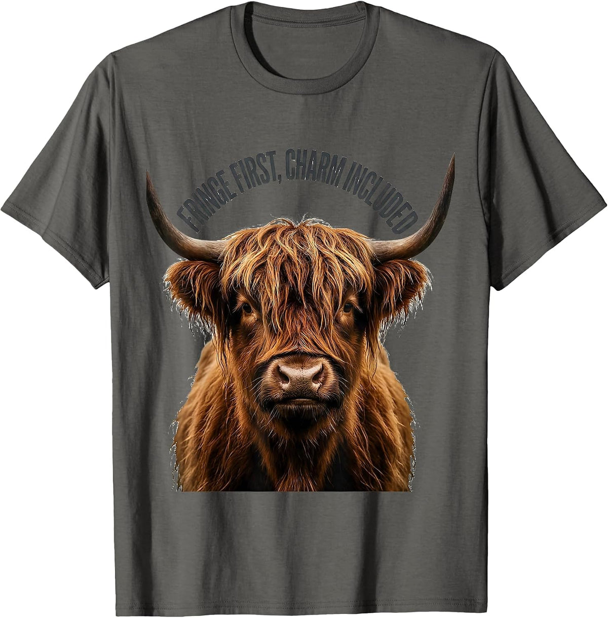Fringe First Charm Included Cute Highland Cow Scottish Humor T-Shirt - Asphalt Grey