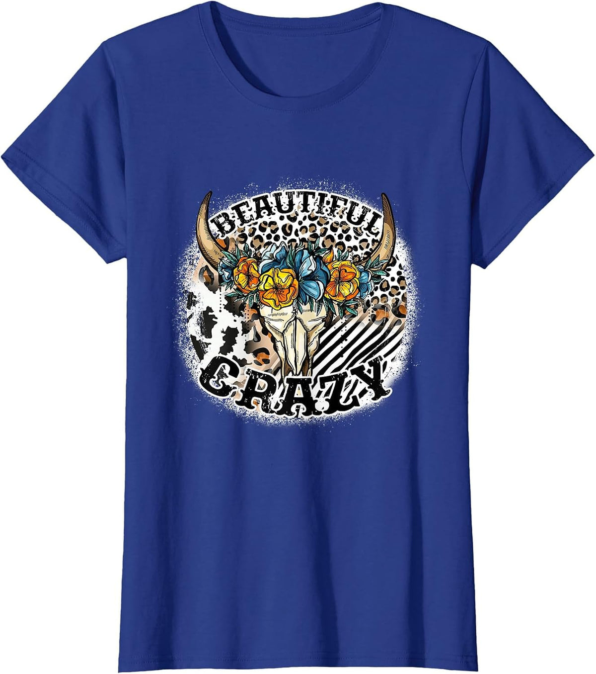 Beautiful Bull Skull Flower Crazy Cow Skull Leopard-Print T-Shirt - Royal Blue