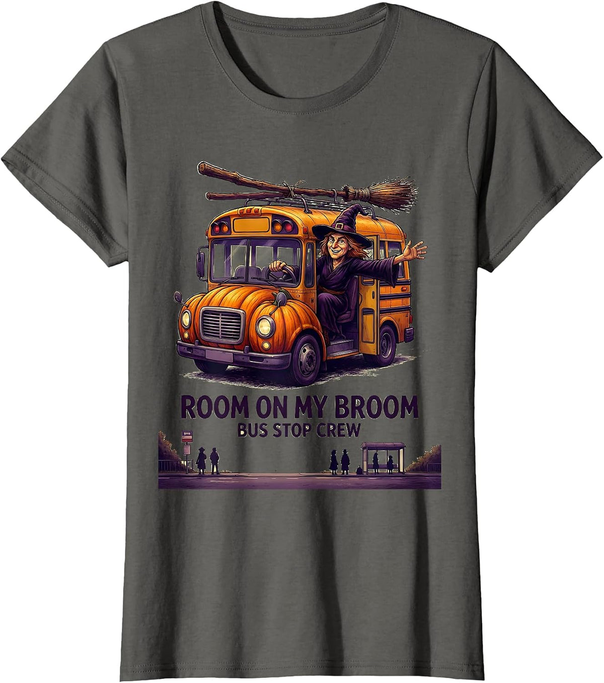 Women's Room On My Broom Bus Stop Crew Funny Halloween Teacher T-Shirt - Asphalt Grey