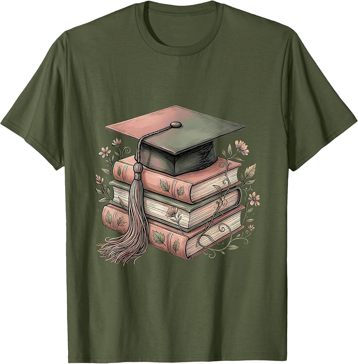 Men's Elementary Teacher Graduation Cap and Books Design T-Shirt - Olive Green