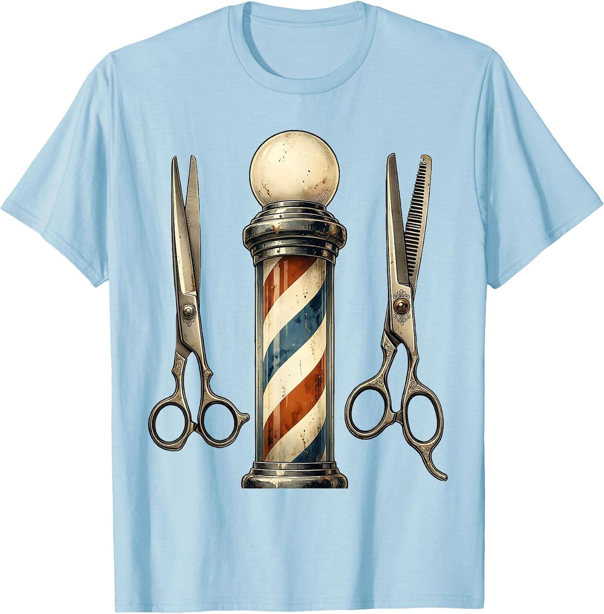 Men's Vintage Barber Pole and Scissors Illustration T-Shirt - Baby Blue