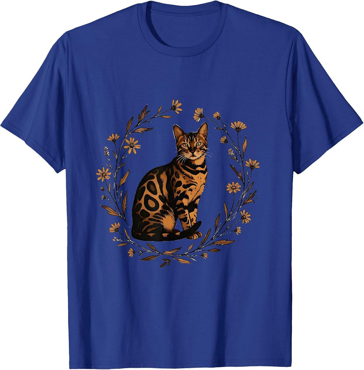 Bengal Cat Wildflower Botanical Illustration T-Shirt - Royal Blue