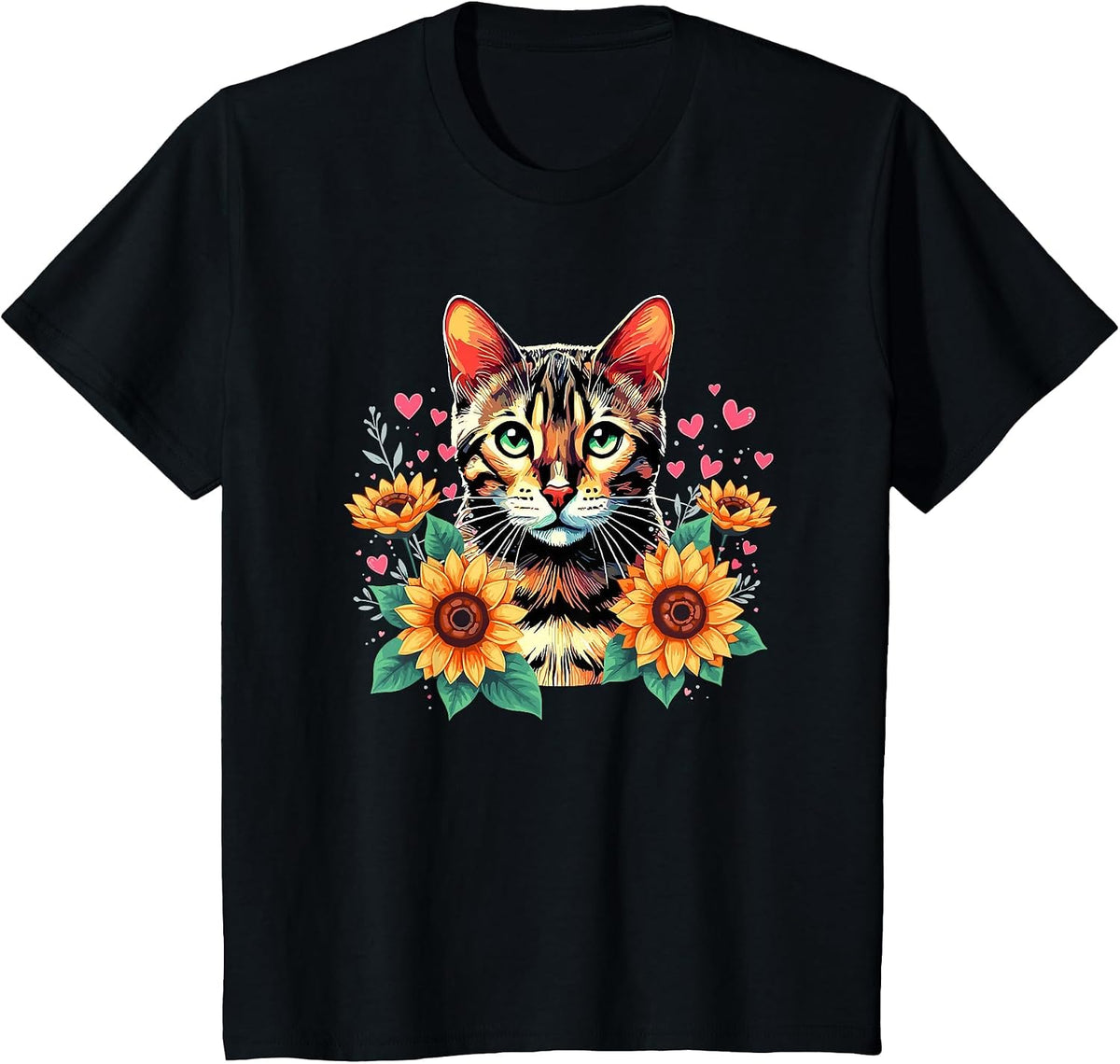 Sunflowers Bengal Cat T-Shirt - Black