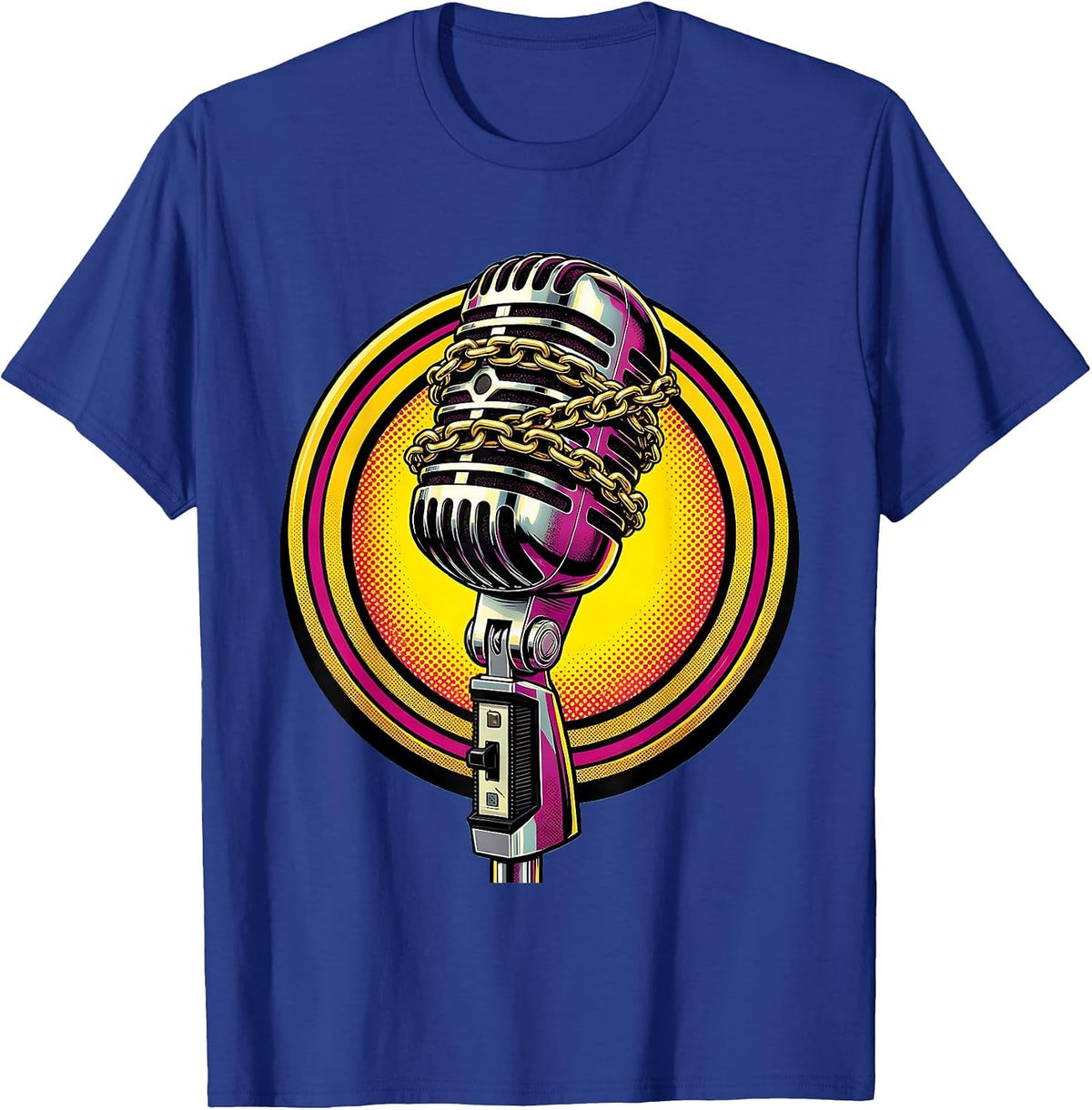 Men's Gold Chain Microphone Hip Hop Graphic Tee T-Shirt - Royal Blue