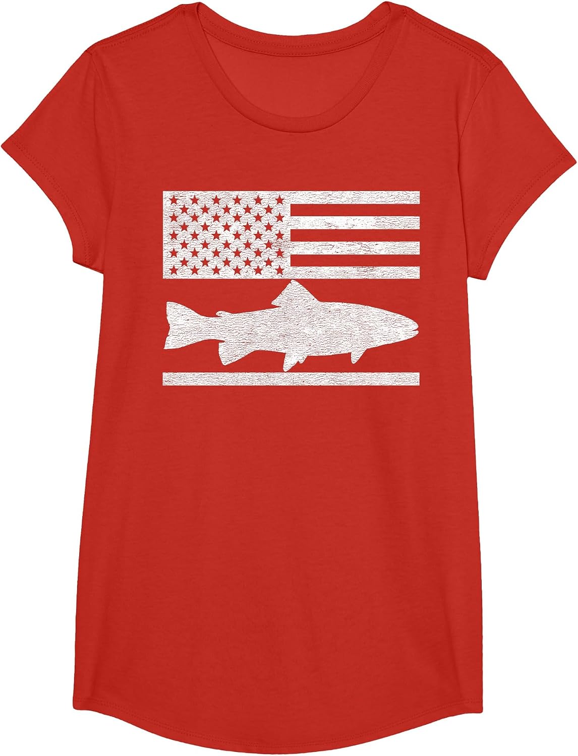 Steelhead Fishing - American Flag Trout Fisherman T-Shirt - Girls Red
