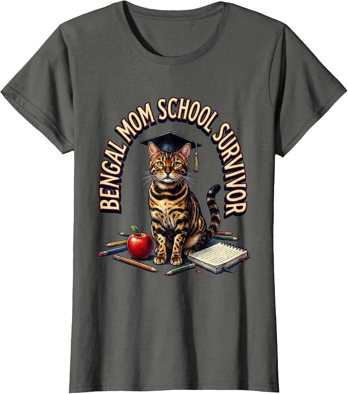 Women's Bengal Mom School Survivor Cat Lover Design T-Shirt - Asphalt Grey