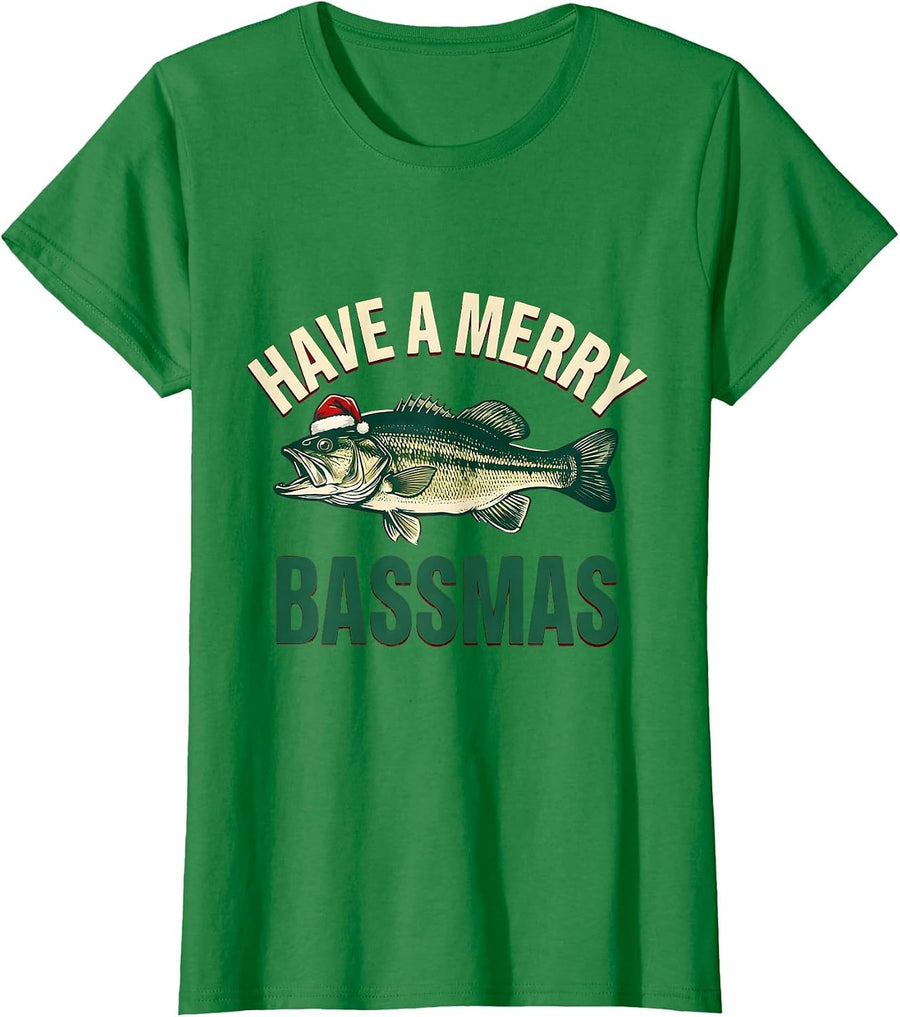 Women's Have a Merry Bassmas Funny Fishing Christmas Fisherman Gift T-Shirt - Kelly Green