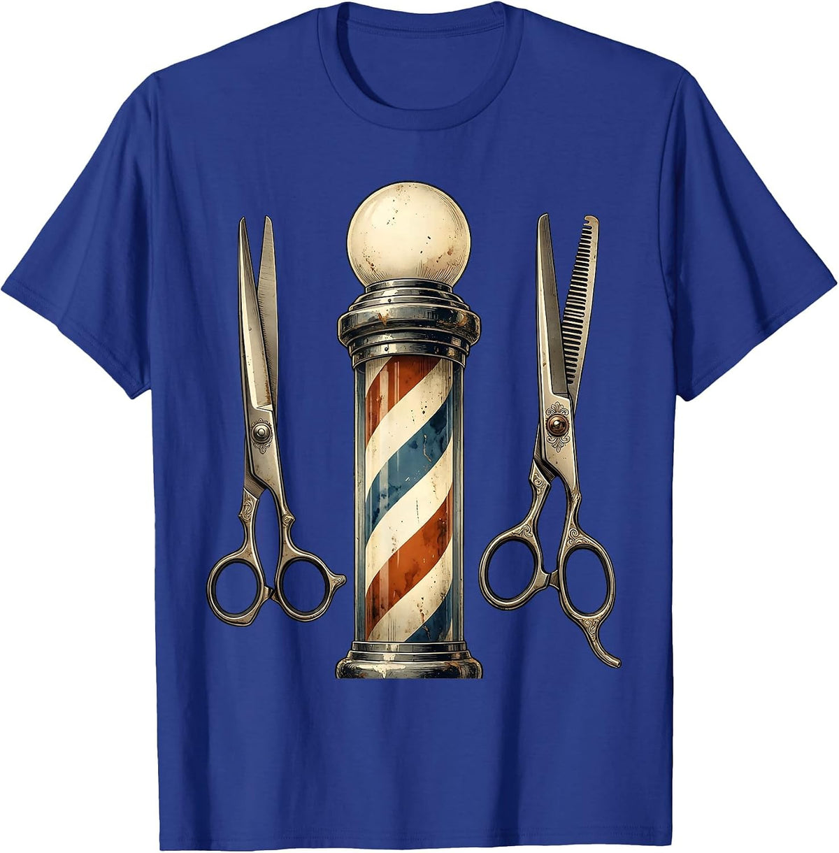 Men's Vintage Barber Pole and Scissors Illustration T-Shirt - Royal Blue