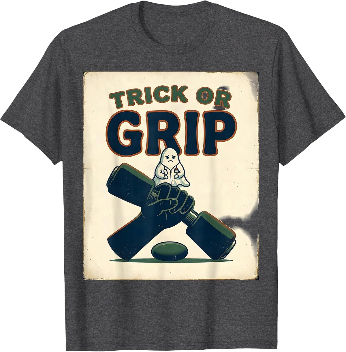 Trick Or Grip Vintage Ghost Occupational Therapist Halloween T-Shirt - Dark Heather Grey