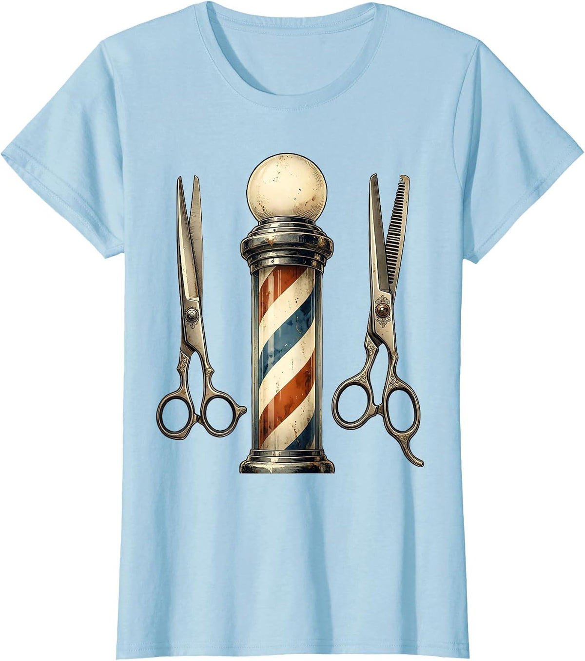 Women's Vintage Barber Pole and Scissors Illustration T-Shirt - Baby Blue