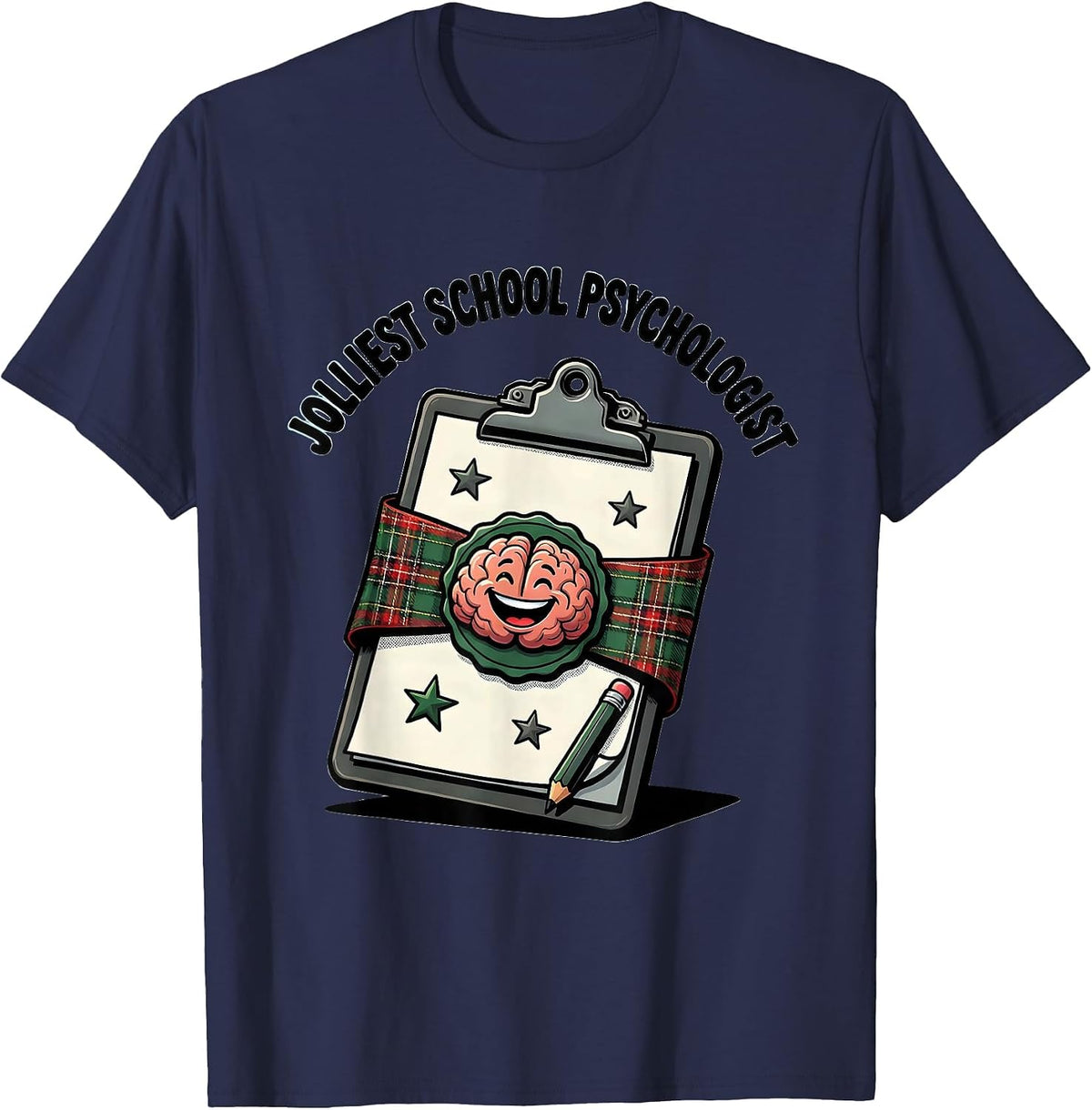 Jolliest School Psychologist Funny Teacher Christmas Cartoon T-Shirt - Navy Blue