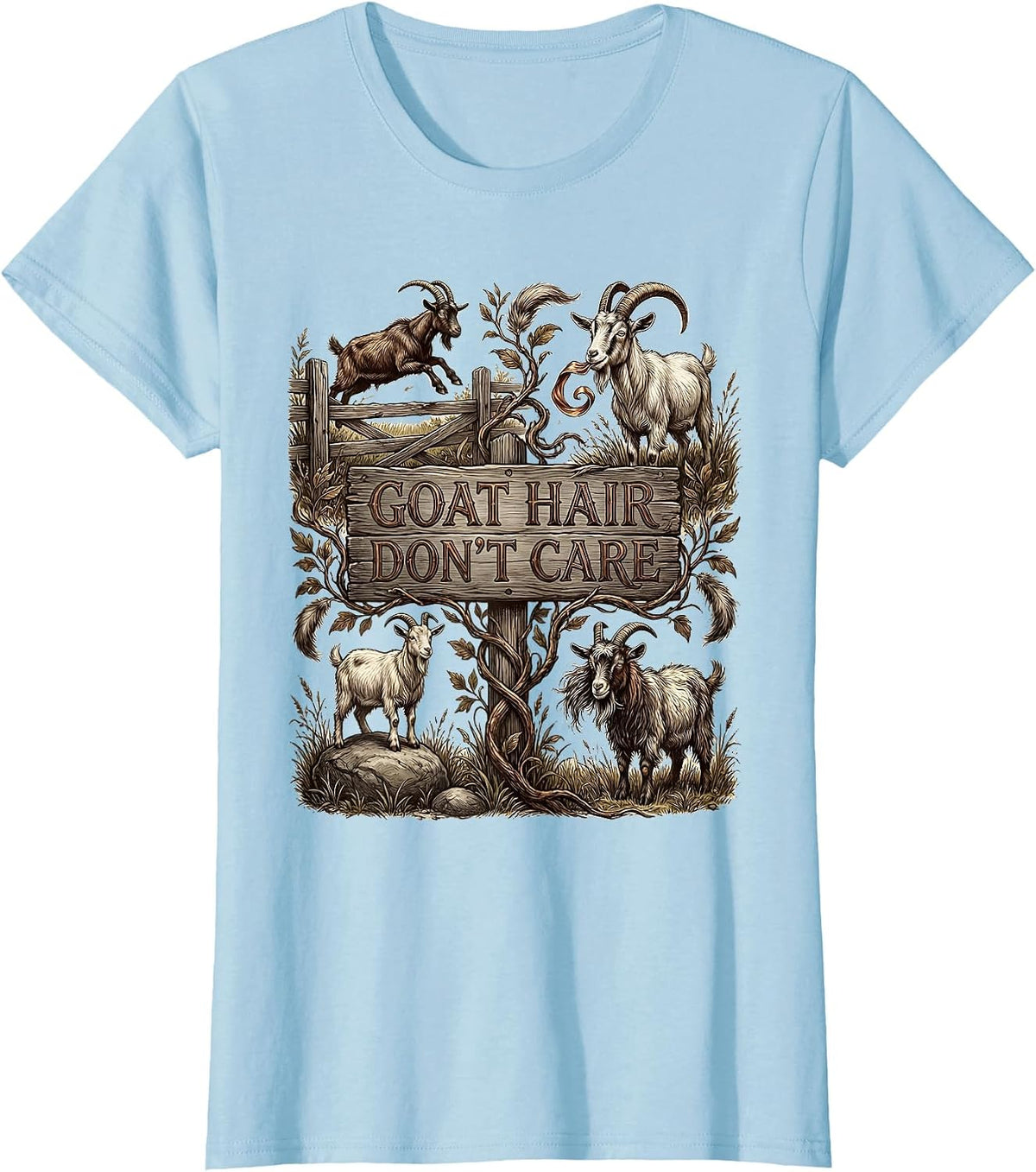 Women's Goat Hair Don't Care Funny Goat Lover Design T-Shirt - Baby Blue