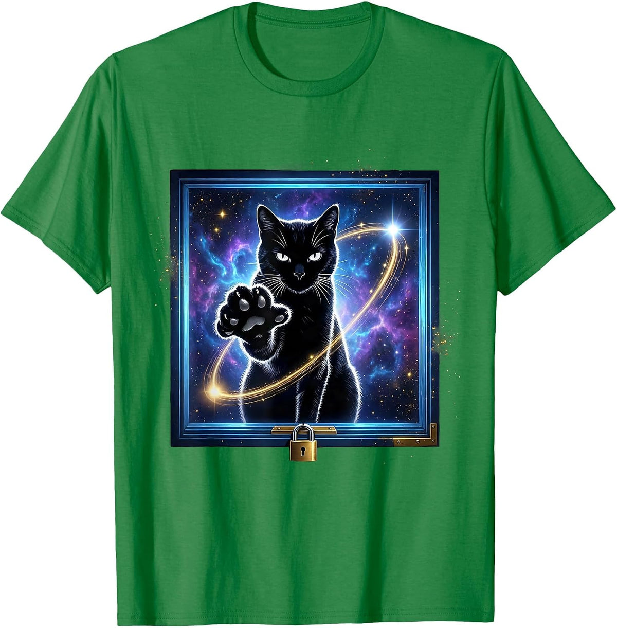 Men's Cosmic Cat Quantum Physics Science Enthusiast Humor T-Shirt - Kelly Green