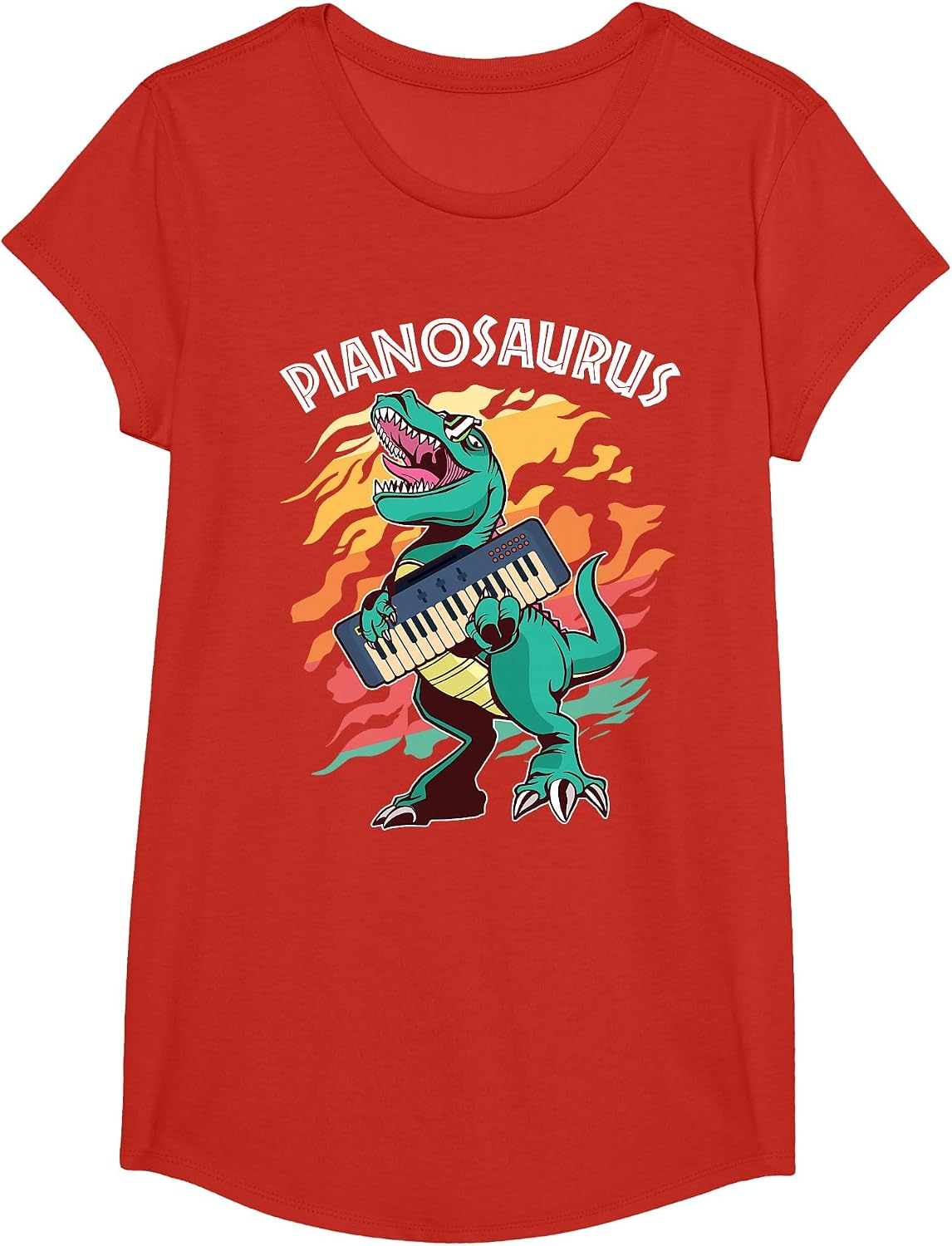 Pianosaurus Kids Pianist Dinosaur Music Piano T-Shirt - Girls Red