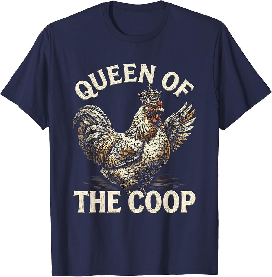 Queen of the Coop Funny Chicken Women Design T-Shirt - Navy Blue