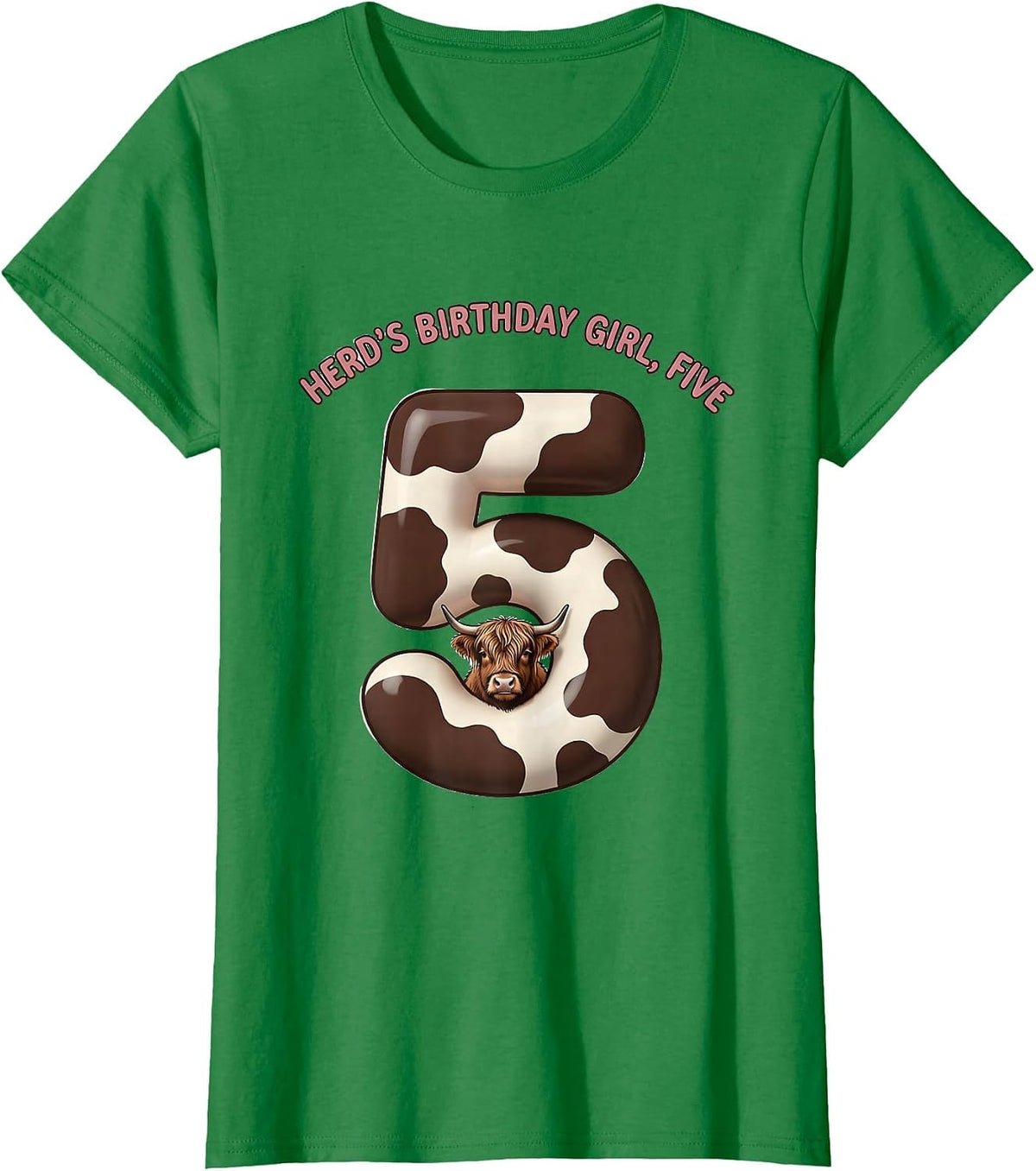 Women's Herd's Birthday Girl Five Cute Highland Cow Farm Mom T-Shirt - Kelly Green