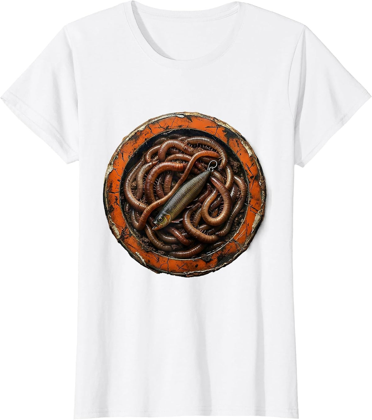 Rubber Worm Lure Among Earthworms Fishing Graphic T-Shirt - White
