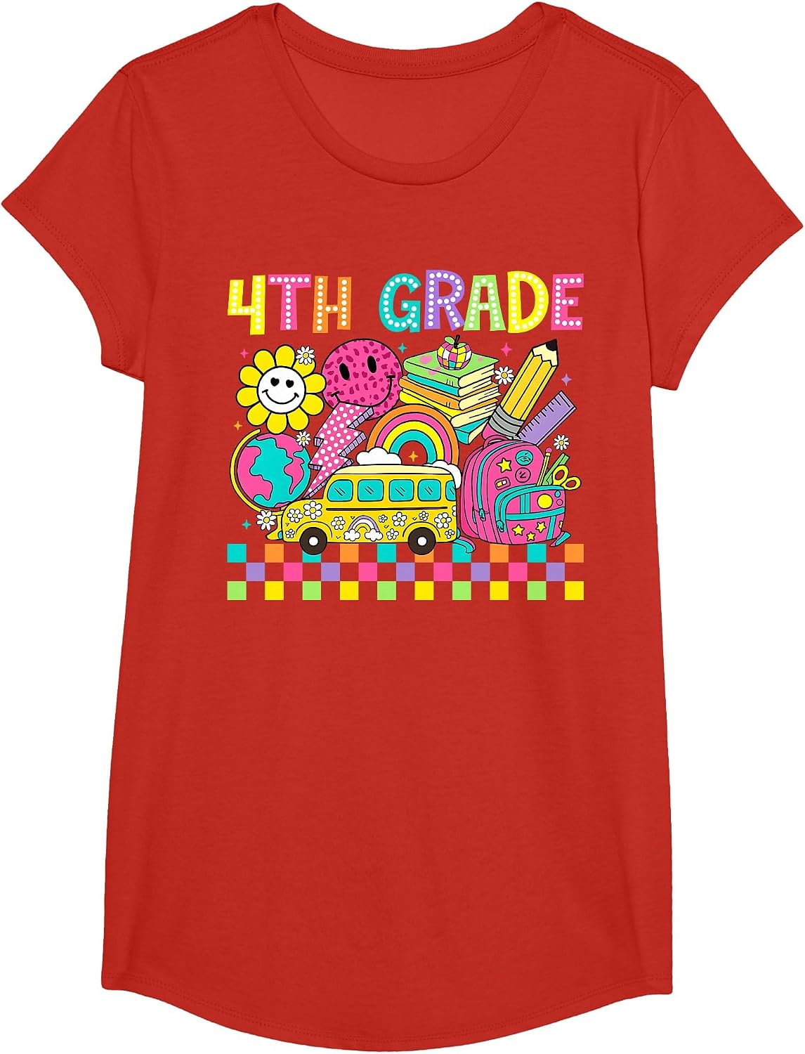 Fourth Grade Retro Groovy Back to School First Day Teacher T-Shirt - Girls Red