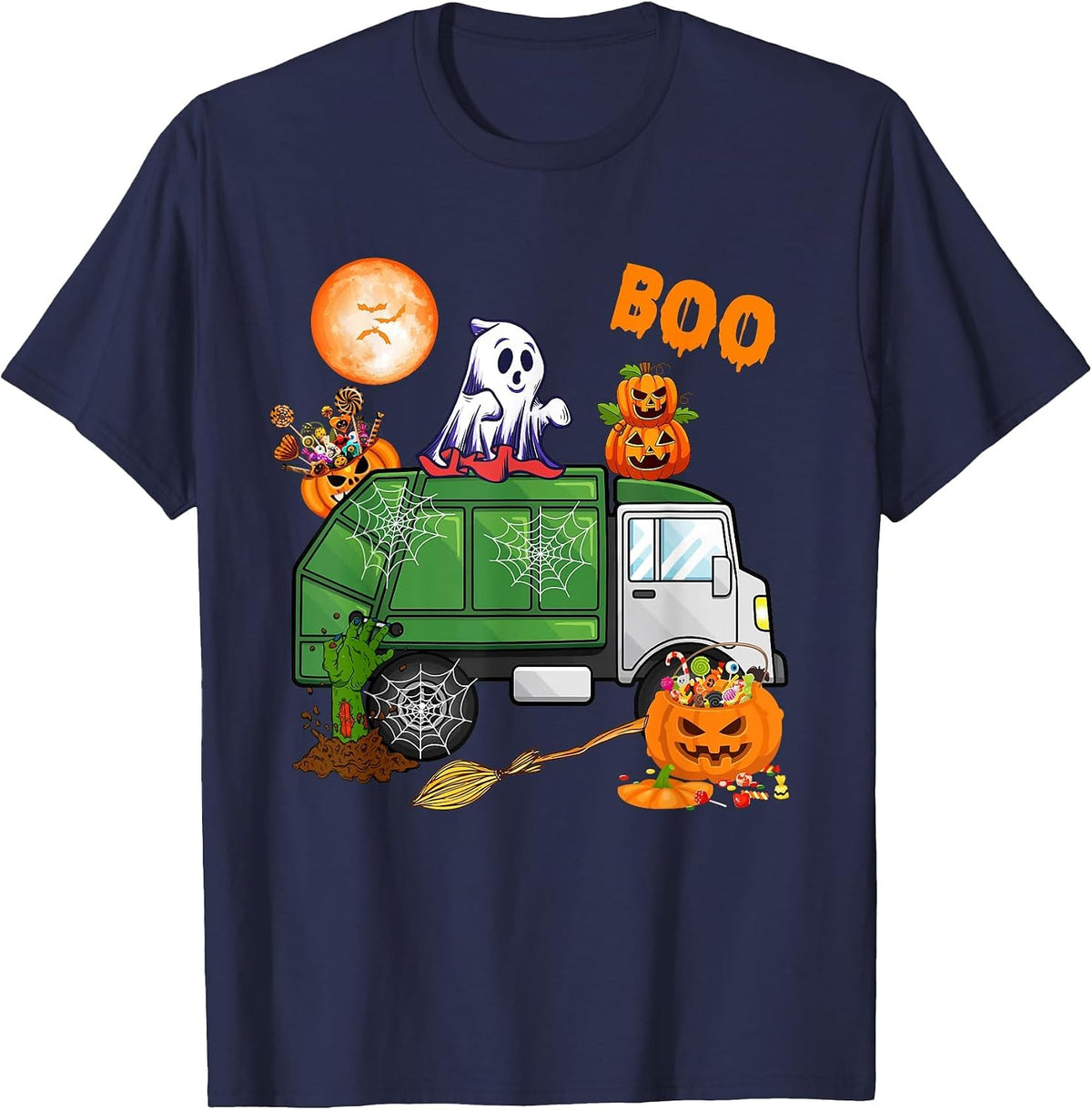 Ghost Driving Garbage Truck with Candy Bag Carved Pumpkin T-Shirt - Navy Blue