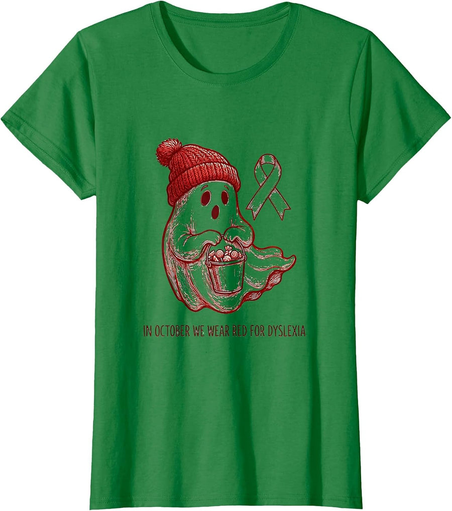 Women's In October We Wear Red for Dyslexia Line Art Dyslexia T-Shirt - Kelly Green