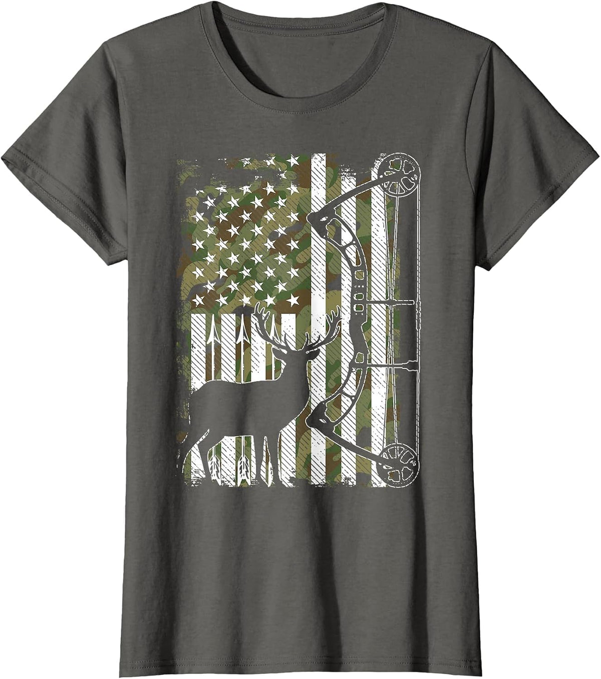 Bow Hunting Deer Hunter Camo American Flag for Men Hunter T-Shirt - Asphalt Grey
