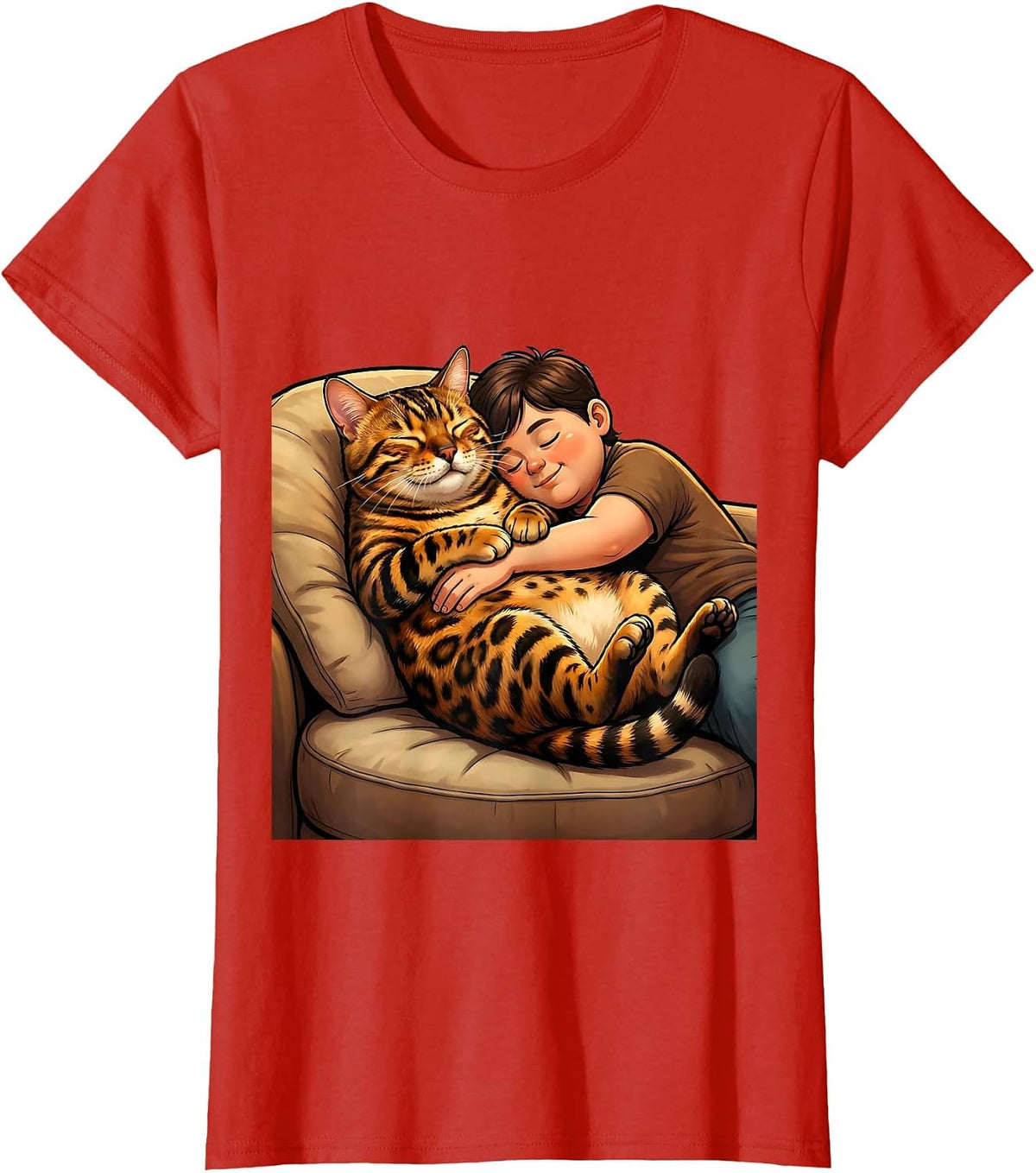 Women's Bengal Cat Napping With Owner Cozy Couch Scene T-Shirt - Red
