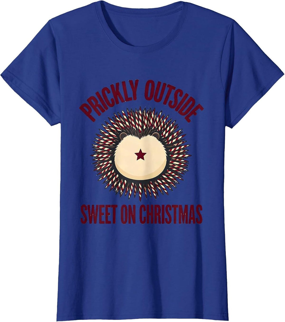 Women's Prickly Outside Sweet On Christmas Cute Hedgehog Holiday T-Shirt - Royal Blue