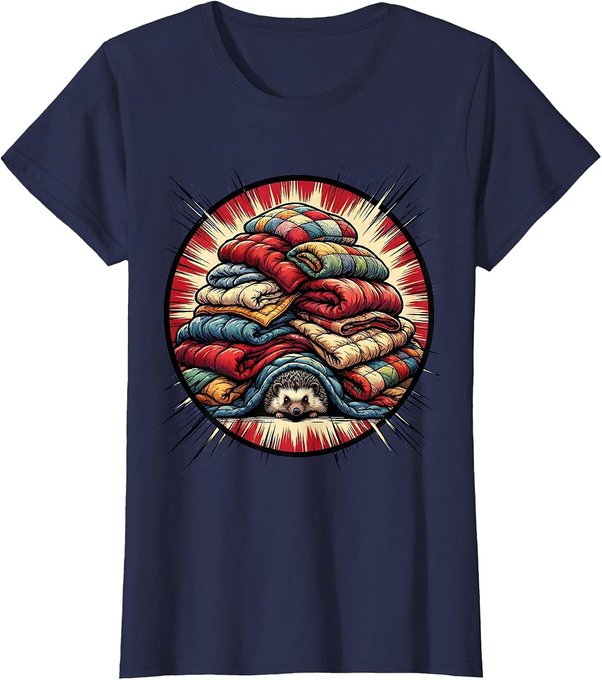 Women's Cozy Hedgehog Hiding Under Blanket Pile T-Shirt - Navy Blue