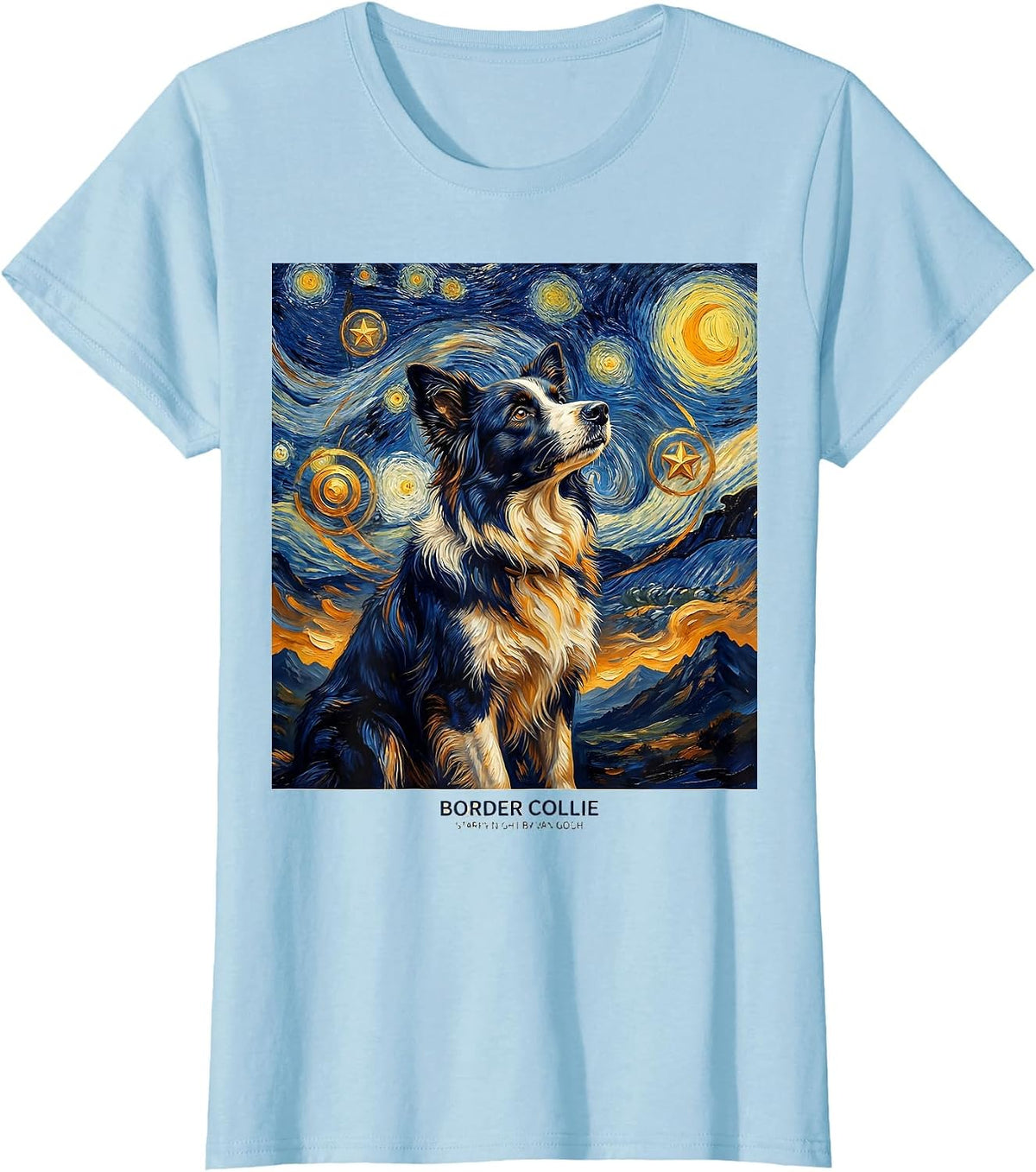 Border Collie — Starry Night by Van Gogh Art Portrait T-Shirt - Baby Blue
