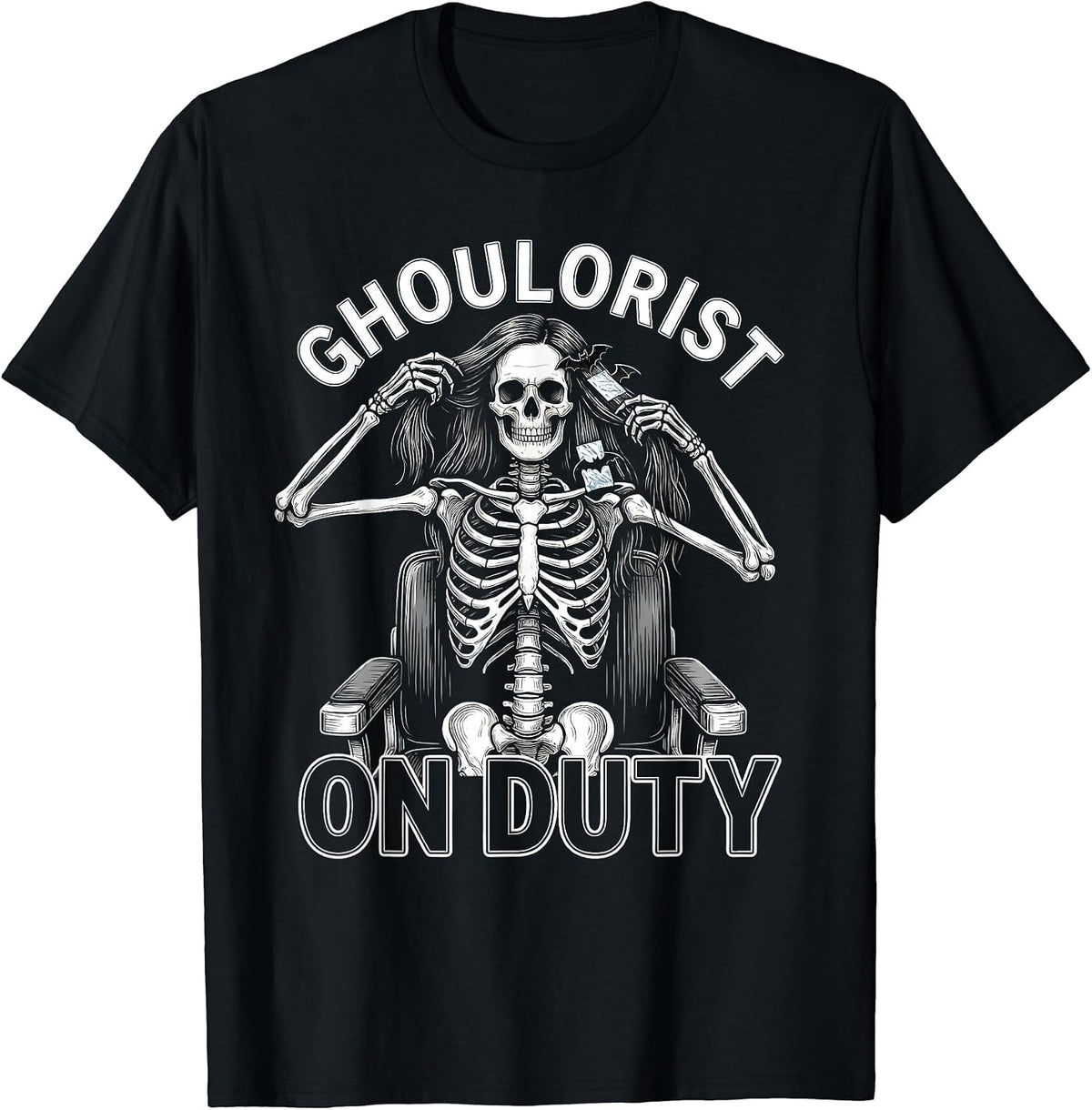 Men's Ghoulorist On Duty Funny Skeleton Hairstylist Halloween T-Shirt - Black