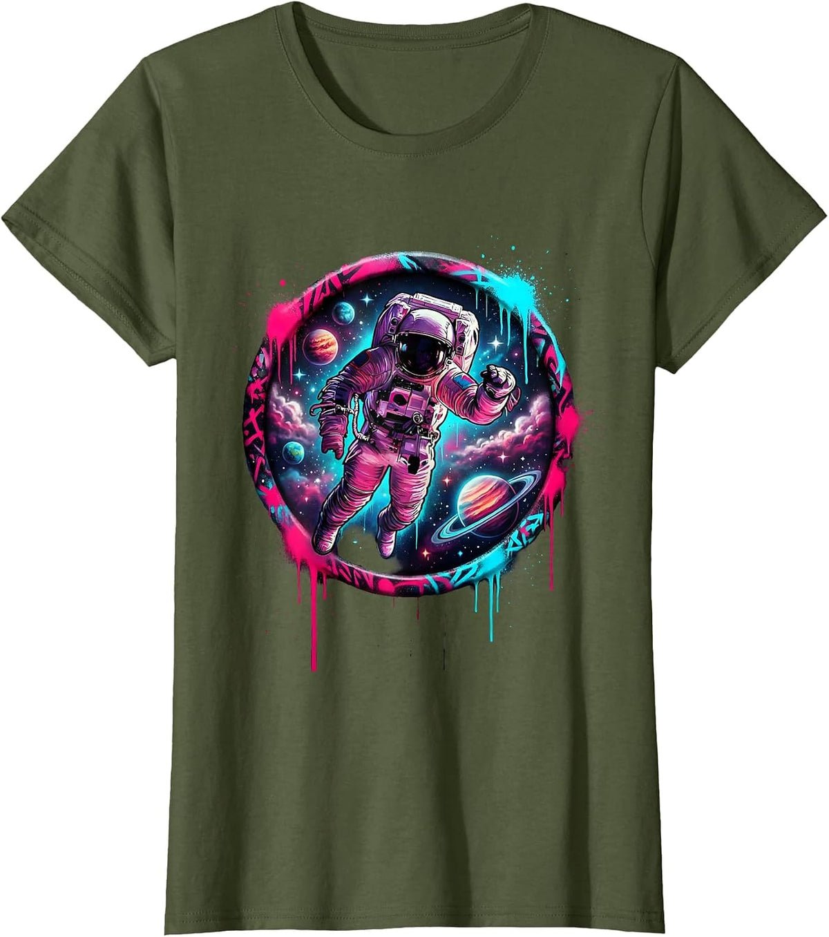 Women's Astronaut Floating in Outer Space Illustration T-Shirt - Olive Green