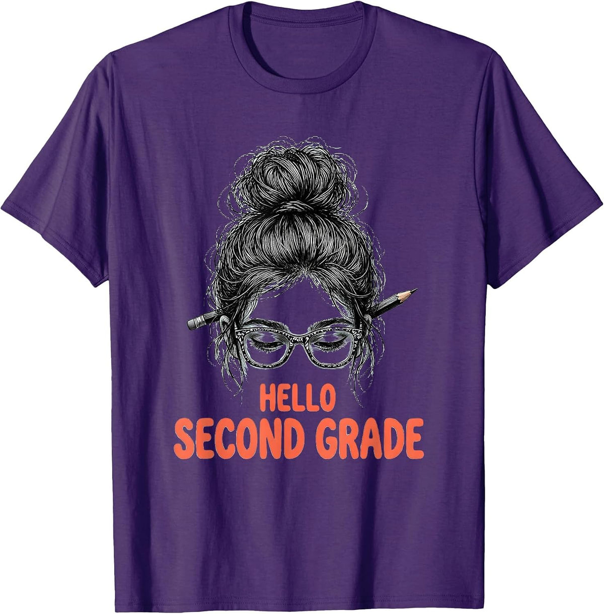 Hello Second Grade Back To School Messy Bun Funny Girls T-Shirt - Purple