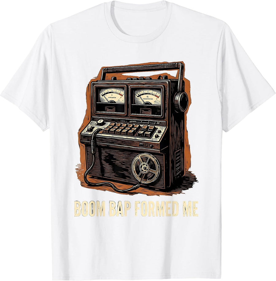 Men's Boom Bap Formed Me Vintage Linocut Hip Hop Lyric Nostalgia T-Shirt - White