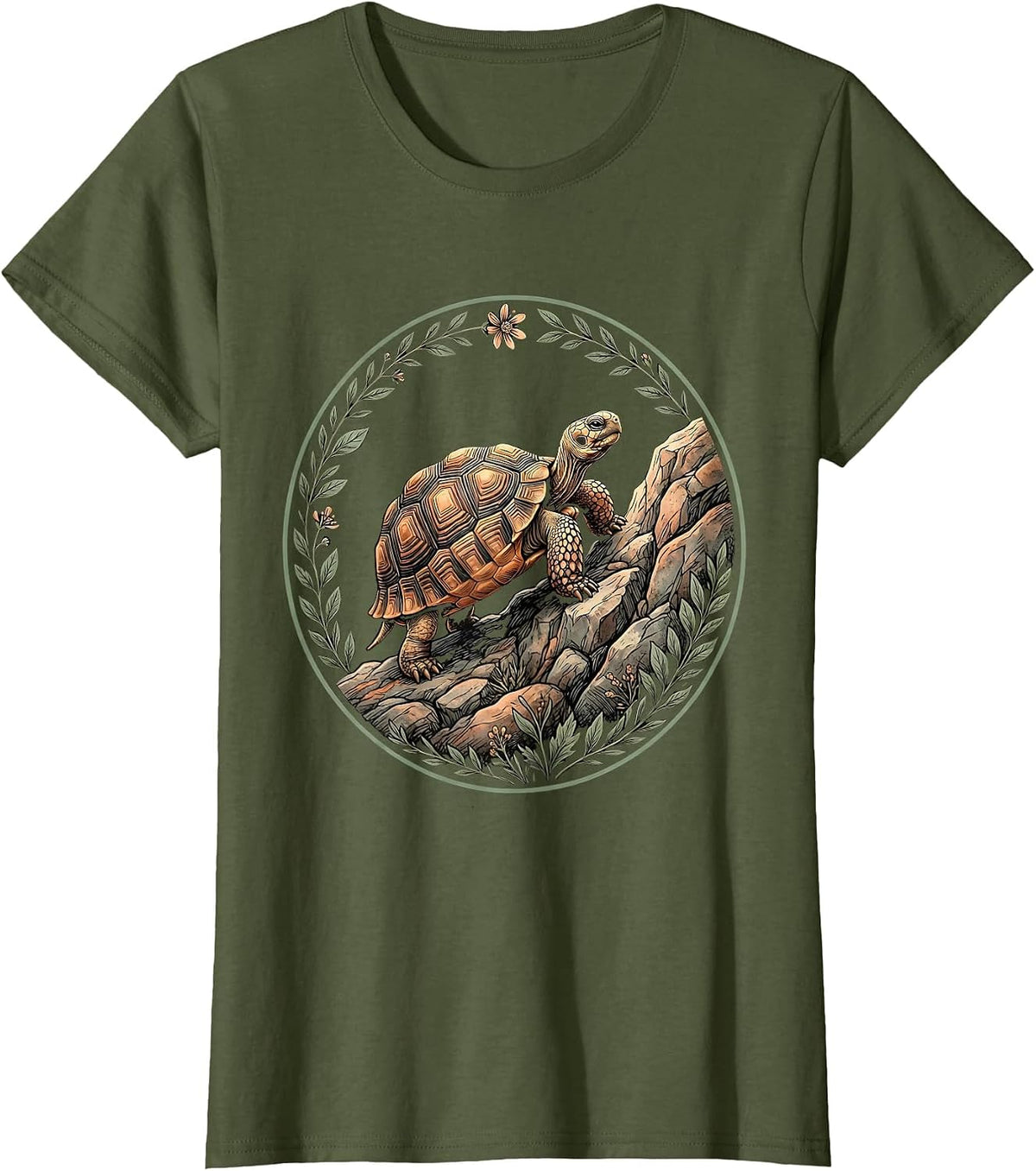 Women's Tortoise Climbing Rocky Hill Illustration T-Shirt - Olive Green