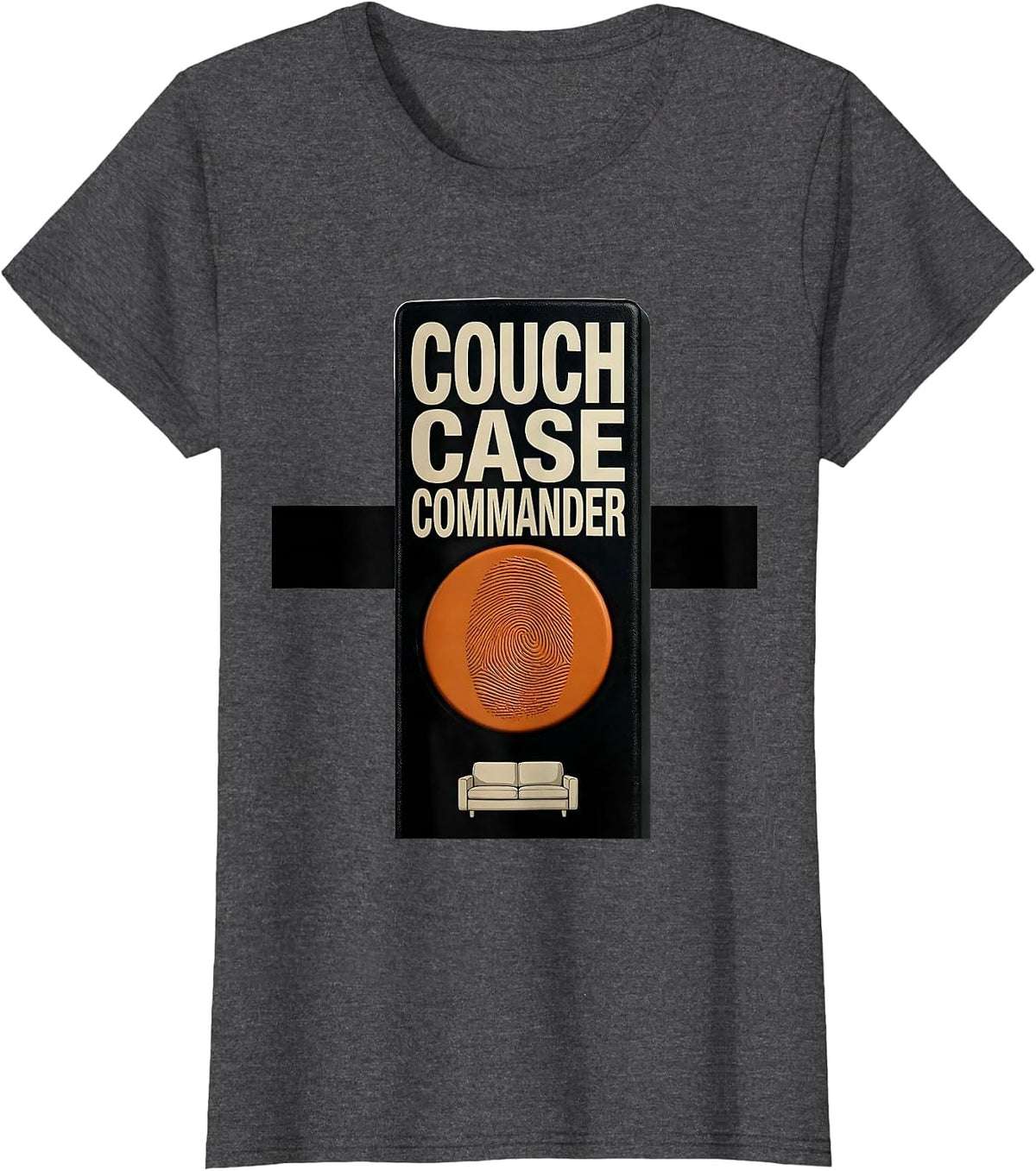 Women's Couch Case Commander Brutalist True Crime Fan Humor T-Shirt - Dark Heather Grey