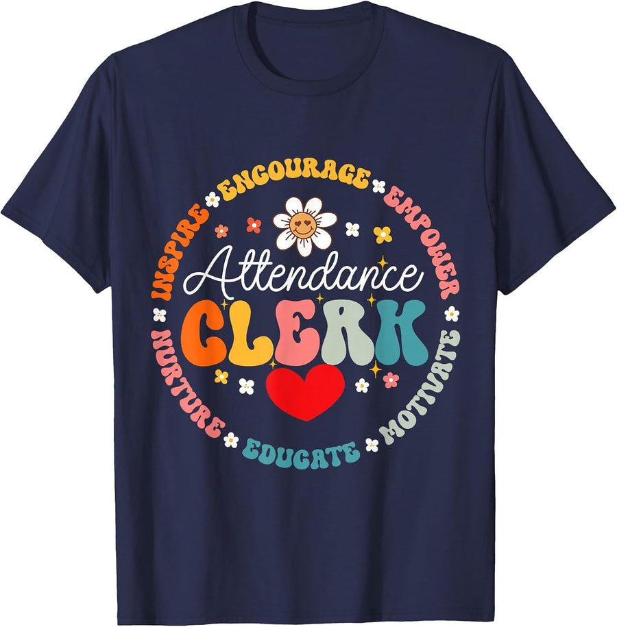 Groovy Attendance Clerk Back to School Appreciation Week T-Shirt - Navy Blue