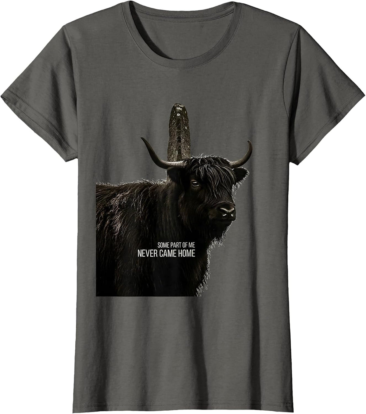 Women's Some Part Of Me Never Came Home Cute Highland Cow Scottish T-Shirt - Asphalt Grey