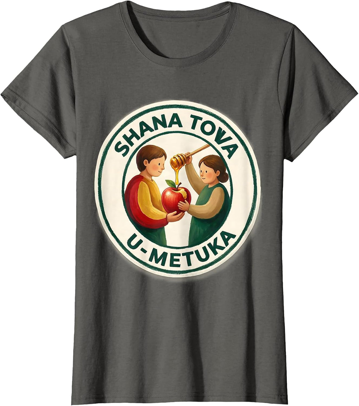 Women's Shana Tova U'Metuka Storybook Rosh Hashanah Apple Honey Pun T-Shirt - Asphalt Grey