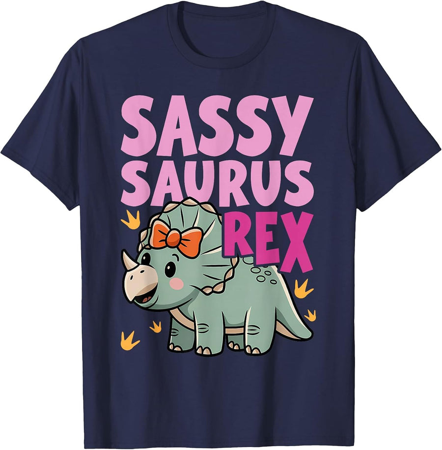 Sassy Saurus Cute Dinosaurs Design for Girls T-Shirt - Navy Blue