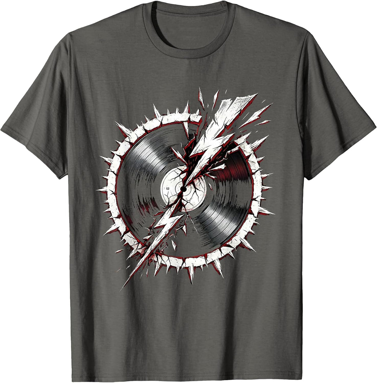 Men's Vinyl Record Lightning Bolt Crack Rock Music Tee T-Shirt - Asphalt Grey