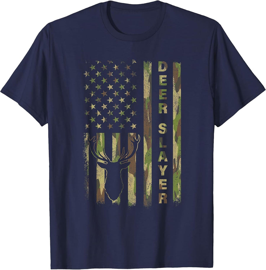 Deer Slayer Hunter Camo American Flag Hunting Lover Vintage T-Shirt - Navy Blue