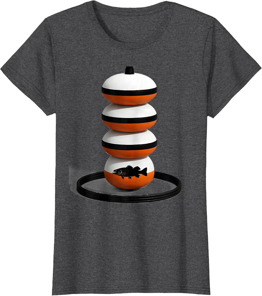 Women's Bobber Stack Brutalist Graphic Bass Fishing Humor T-Shirt - Dark Heather Grey