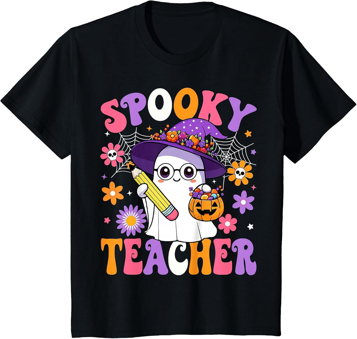 Trick Or Teach Spooky Teacher Ghost Funny Halloween Teacher T-Shirt - Black