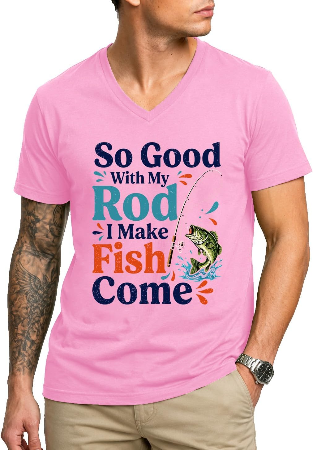 So Good with My Rod I Make Fish Come Shirt Funny Bass Fishing T-Shirt Men - V-Neck Pink-vneck