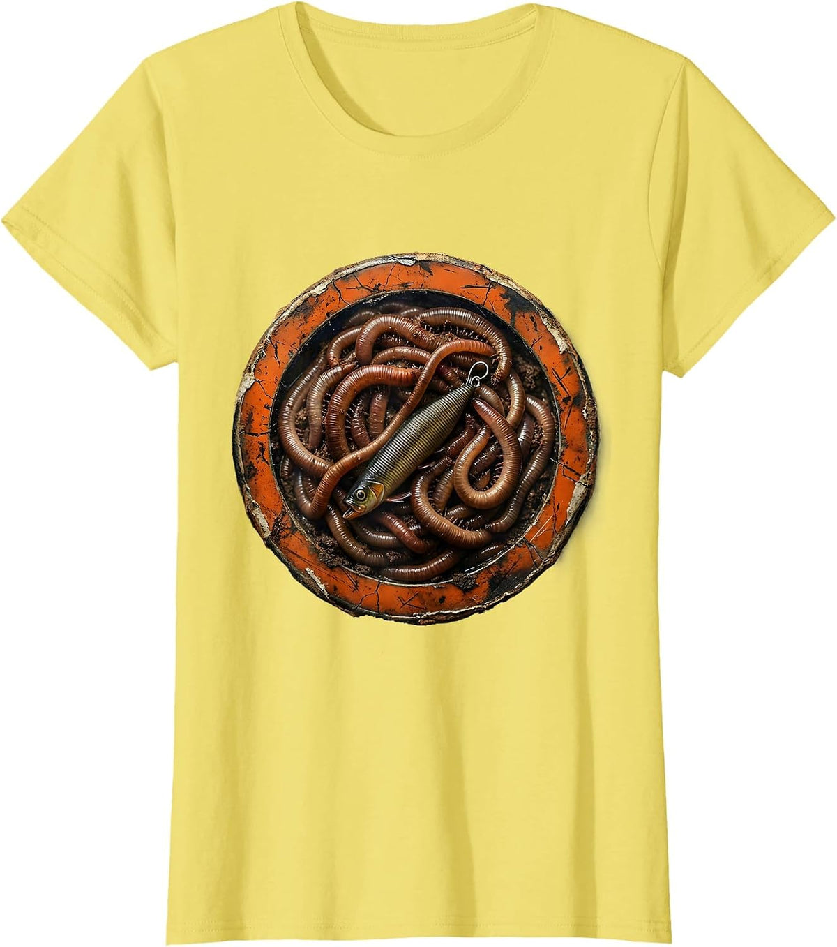Rubber Worm Lure Among Earthworms Fishing Graphic T-Shirt - Lemon Yellow