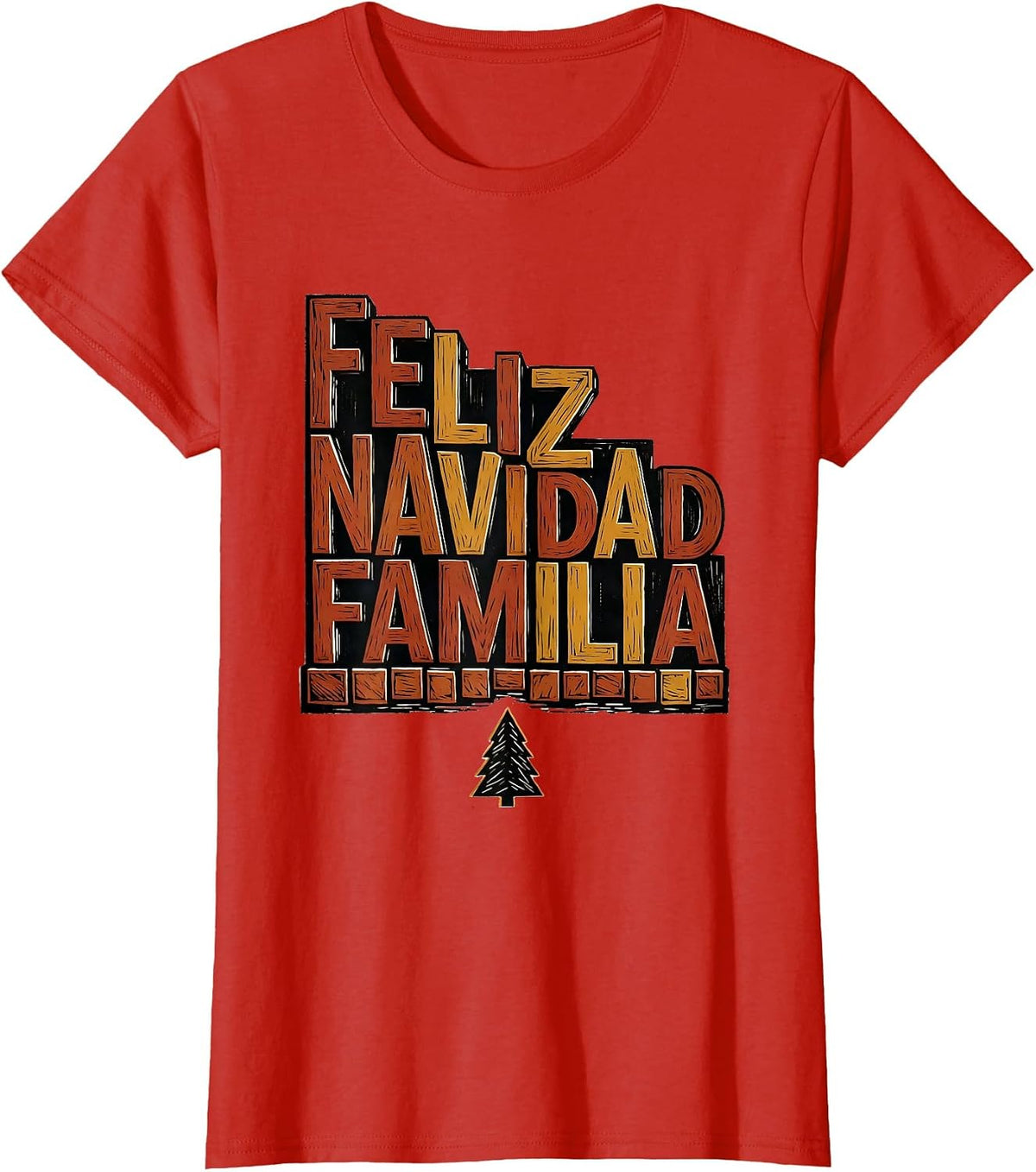 Women's Feliz Navidad Familia Linocut Spanish Christmas Family T-Shirt - Red